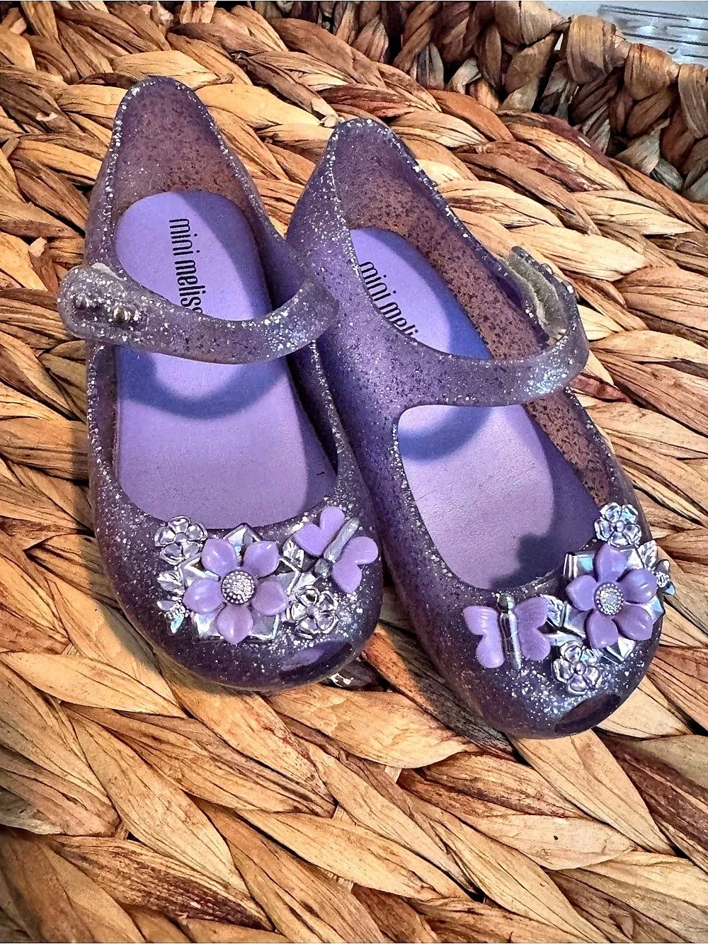 mini melissa Purple Glitter Flower Mary Jane Shoes